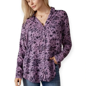 Anthropologie Pilcro Romy Relaxed Button Up Blouse Purple Floral Oversize XS